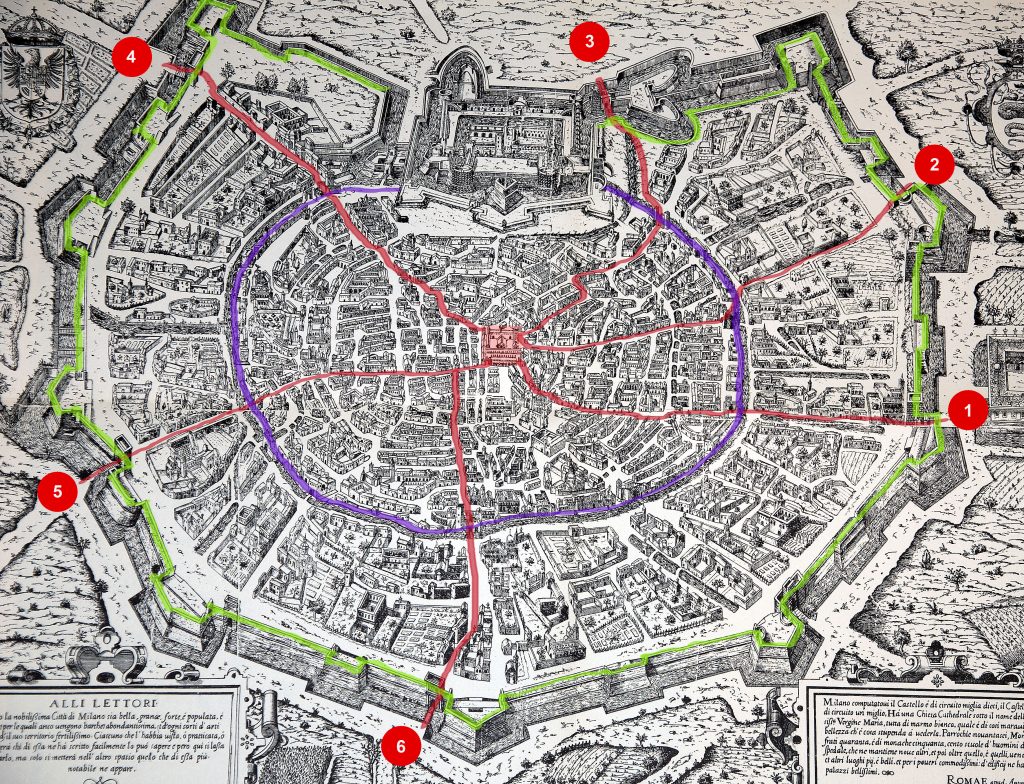 Mappa dei sestieri aventi come punto comune, la piazza del Broletto