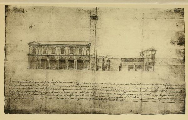 Primo progetto del Seregni con alla sinistra il nuovo Palazzo dei Giureconsulti, alla destra gli edifici del Palazzo dei Notai e in mezzo la Torre di Napo Torriani, 1560 circa