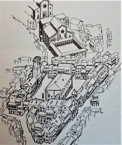 Piazza del Broletto Nuovo attorno al 1360 (disegno di Giò Tavaglione, da 'Vivimilano', 18 Aprile 1993)