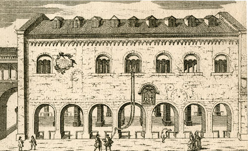 Veduta del Palazzo della Ragione attorno al 1745. Particolare di “Milano. Palazzo della Ragione (Portico)” di Marcantonio Dal Re, (Civica raccolta delle stampe Achille Bertarelli – Castello Sforzesco – Milano)