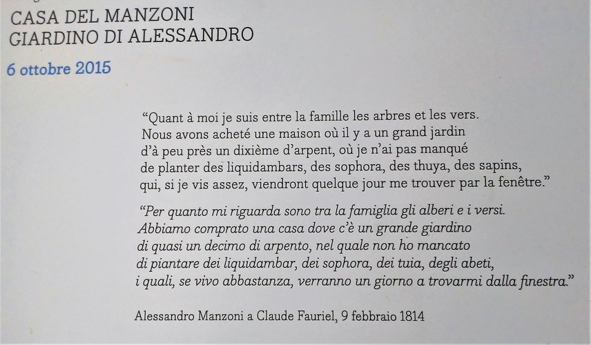 Lapide messaggio di Manzoni scritto a C. Fauriel all'ingresso del giardino di Casa Manzoni