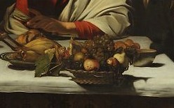 Dettaglio Cena in Emmaus, prima versione (National Gallery ), che richiama il Canestro di Frutta dell'Ambrosiana