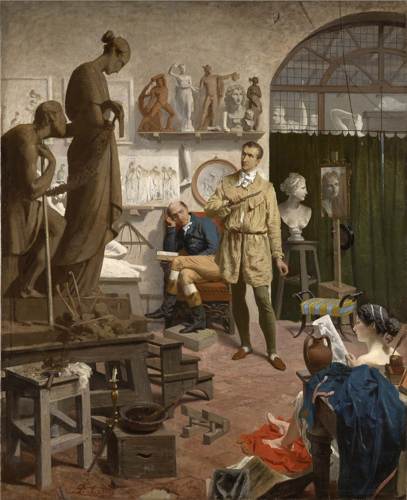 Interno della bottega di Canova a Roma, olio su tela 1880 ca, cm 119,5 x 97,2. dipinto di Pompeo Calvi (Milano 1806-1884). collezione privata